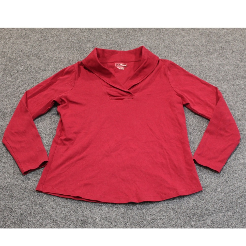 LL Bean Womens Red 100% Cotton Shawl Neck Long Sleeve‎ Top Size M 290348